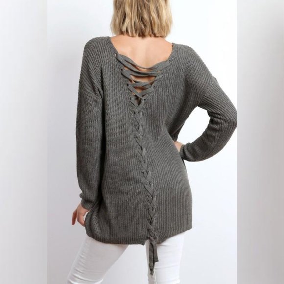 Lace Up Back Sweater Top - Grey - Picture 2 of 5
